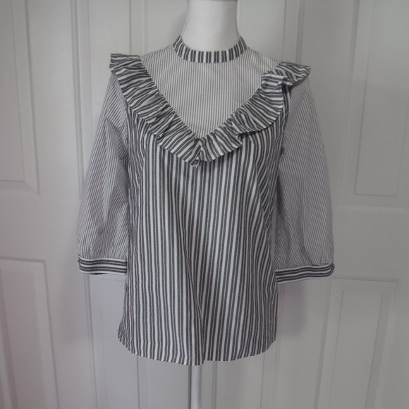 Express Tops - 3/$20 Express Blouse Gray White High Neck Ruffle